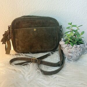Suede Leather Olive Green Crossbody Bag with Tassle and Snap Front Pocket 7.5”